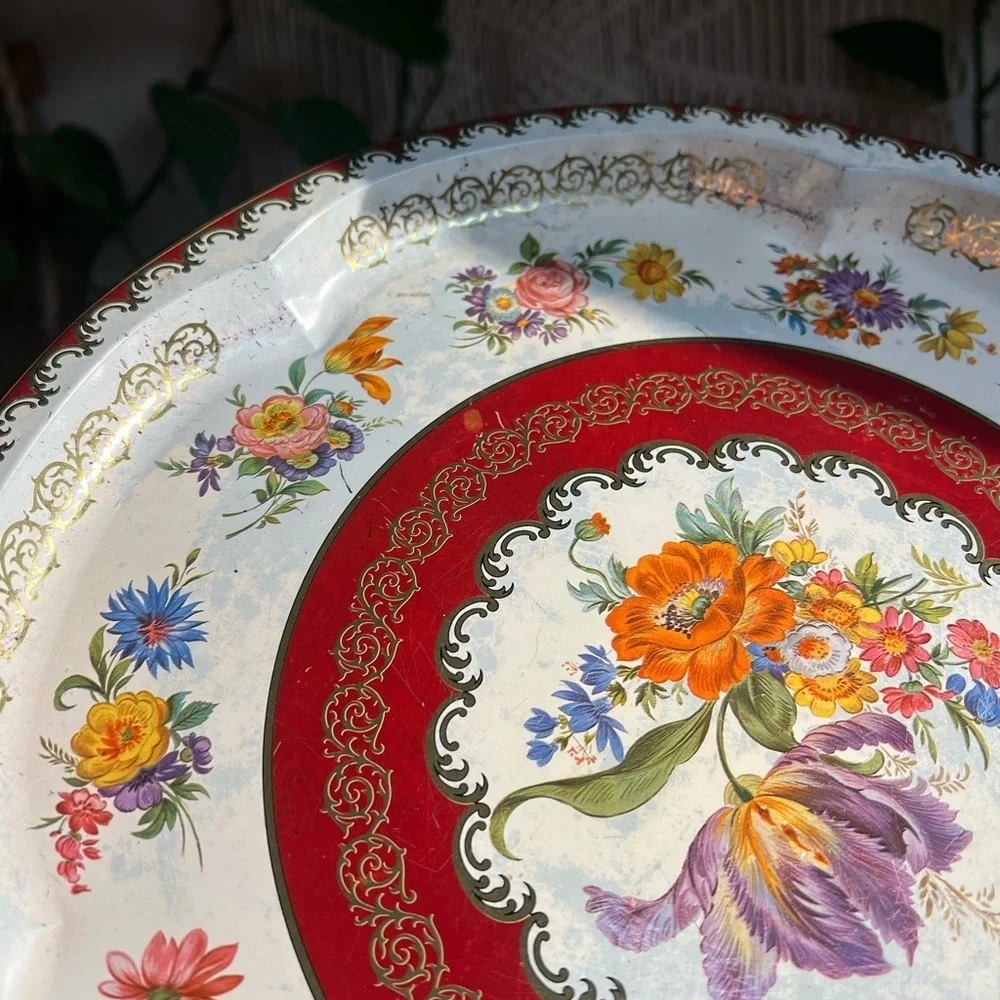 Vintage Daher Floral Metal Tray Red Gold Cottagecore Serving Tray England 12.5”